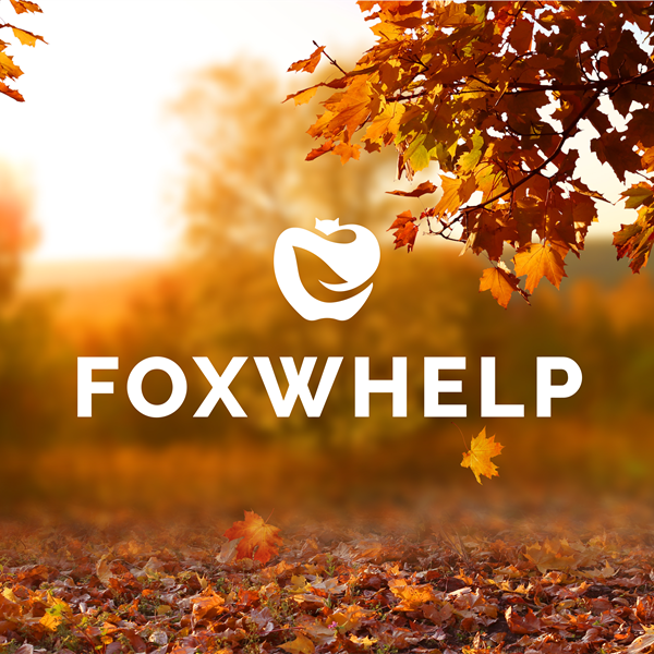 Graphic Design student work of a logo apple depicted in a forest with the word "Foxwhelp"
